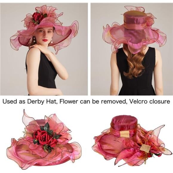 Women Organza Church Tea Party Hats Floral Red Pink